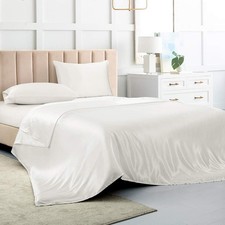 Satin Bed Sheets Queen Sheet Set, White Silk Sheets, 4 - Pieces Soft Bedding ...