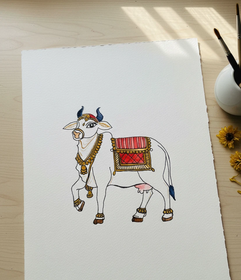 Набор картин Pichwai Cow & Ganesha художник подписал оригинал 8,5 X 11 дюймов без рамок - Изображение 3 из 4