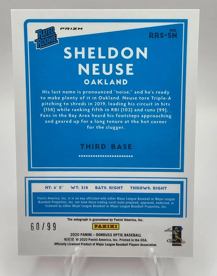 2020 Donruss Optic Sheldon Neuse RC Auto Red Mojo Prizm /99 Oakland A’s #RRS-SN - Image 2 of 2