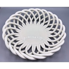 HOME White Ceramic Lattice Woven Basket Bowl Handcrafted Centerpiece 13.5 Inch