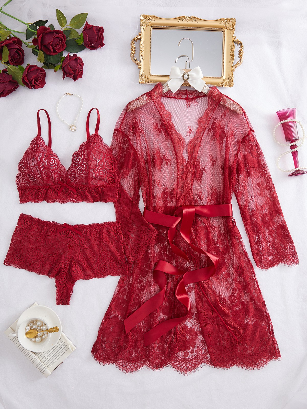Women Sexy Lingerie 3 Piece Bra Panty Set with Lace Kimono Robe Mesh Nightgown