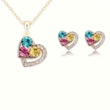 Girls Earrings Necklace Set Colorful Love Heart Female Pendant Necklace Stud New