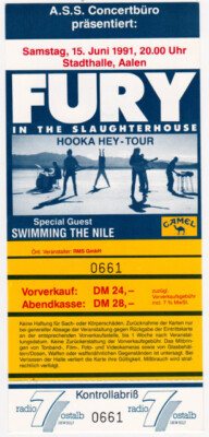 FURY IN THE SLAUGHTERHOUSE - 1991 - Ticket - Eintrittskarte - Hooka Tour - Aalen