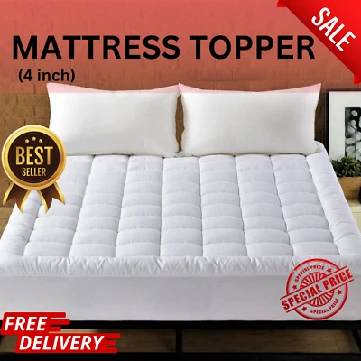 4" Inch Deep Luxury Mattress Topper Soft Hotel Quality Microfiber All Sizes 10cm