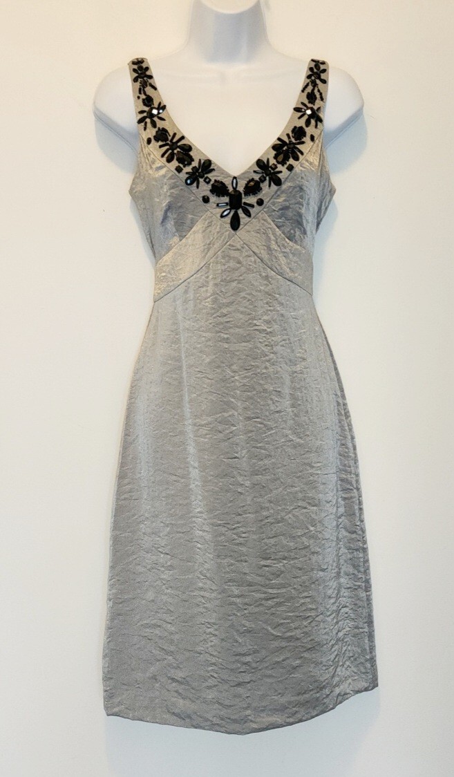 nicole by nicole miller Silver Metallic Handsewn Rhinestone Beaded Dress 4  SMALL | eBay