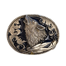 Vintage 1995 Siskiyou Howling Wolf Belt Buckle Pewter Enamel 3" Made in USA L-2