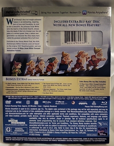Snow White And The Seven Dwarfs: 85th Anniversary Blu-ray/DVD DMC Exclusive NIB - Picture 2 of 4