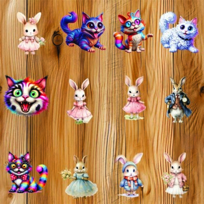 12x bunt gemischt Katze Peter Hase Vinyl Aufkleber Abziehbild Weinglas Flasche Becher