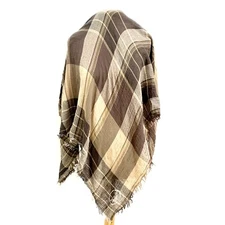 Armani Wool Scarf 57"x54" – Oversized Check Pattern, Beige & Brown Fringe #A93