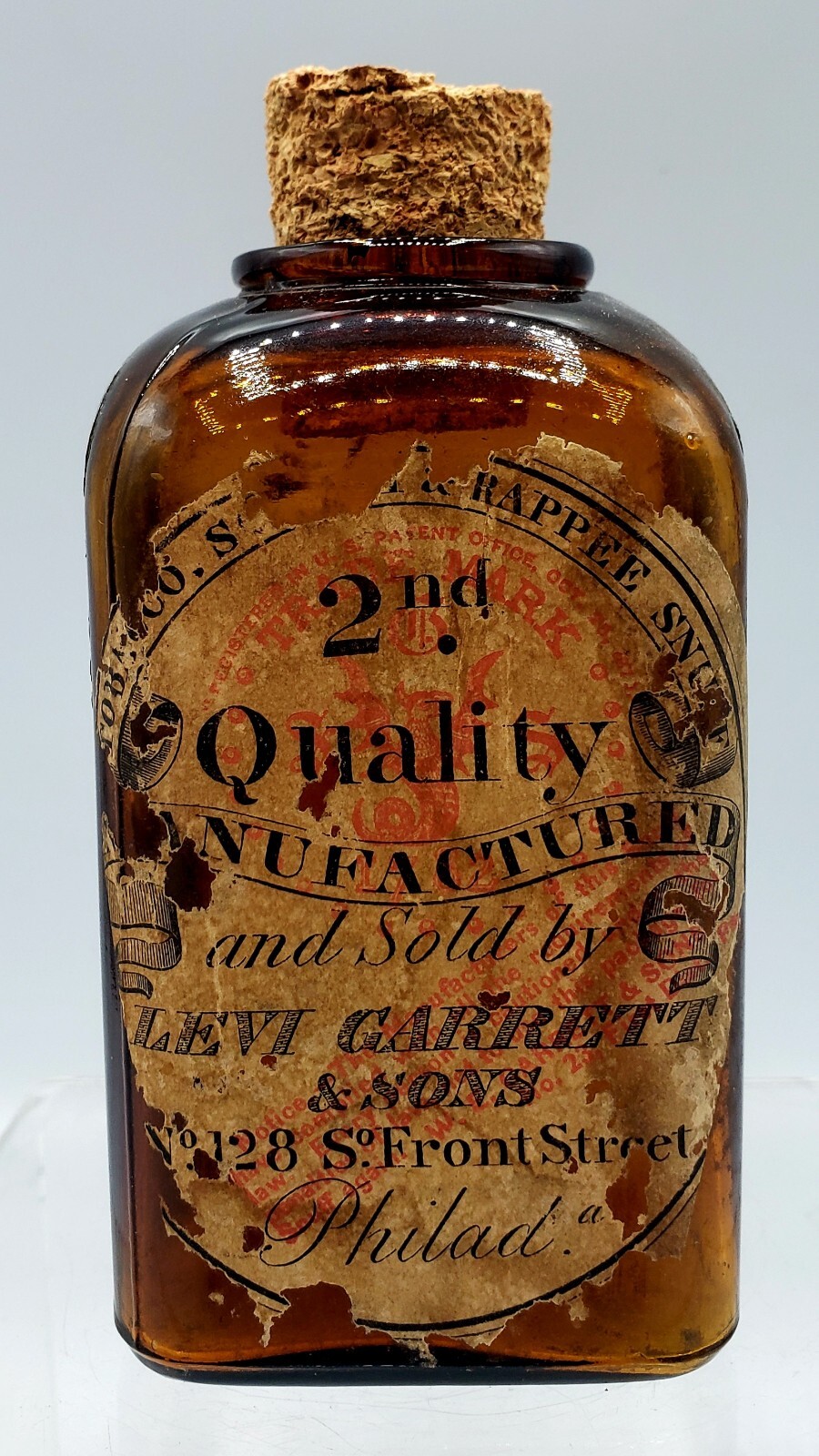 Levi Garrett Tobacco Snuff Glass Bottle & Cork 1892 Tax Stamp 2nd