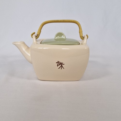 Vintage Japanese style teapot, cream and sage green, with bamboo style handle - Picture 2 of 15