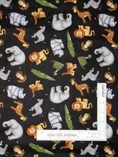 Animals Zebra Giraffe Tiger On Black Cotton Fabric QT Jungle Buddies By The Yard