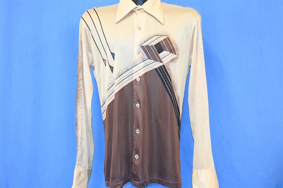 винтажный 70-х LA STRADA КОРИЧНЕВЫЙ БЕЖЕВЫЙ ГЕОМЕТРИЧЕСКИЙ КУБ АЦЕТАТ БОЛЬШОЙ ВОРОТНИК ДИСКО РУБАШКА S - Изображение 2 из 4