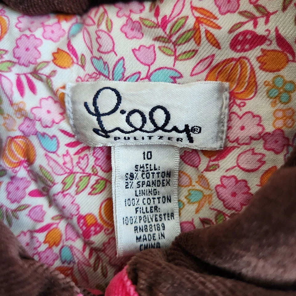 Abrigo de Pana Lilly Pulitzer Niñas 10 Marrón Rosa Acolchado Calabaza Floral De Colección Foto 3 de 4