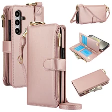 For Samsung Galaxy S25 Ultra S24 S23 Leather Strap Crossbody Zipper Wallet Case
