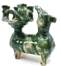 Antique Chinese Or Islamic Sancai Spinach Green Drip Glaze Pottery Animal Candle