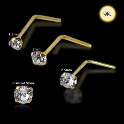 1x 22g 9K Solid Gold 2mm Genuine Crystal L-Shaped Nose Ring Stud Pin Bar 9KNS013