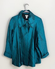 Chico's Women's Teal Blue Button Front Jacket with Pockets Size 1 8-10