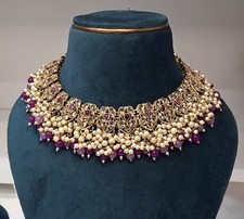 Indian Pakistani plum & gold polki Kundan Jewellry set wedding party nikkah gift