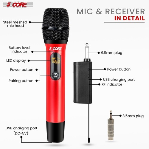 5Core Wireless Microphone Pair UHF Handheld Microfonos Inalambricos Cordless Mic - Picture 3 of 16