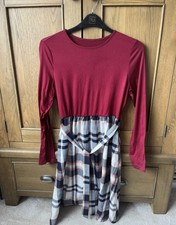 Fit & Flare Dress Size 12 Burgundy Plaid Long Sleeve Knee Jersey Stretch