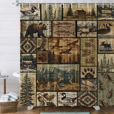 Rustic Bear Lodge Shower Curtain, Cabin Retro 71"W x 71"L Pack of 1 Brown