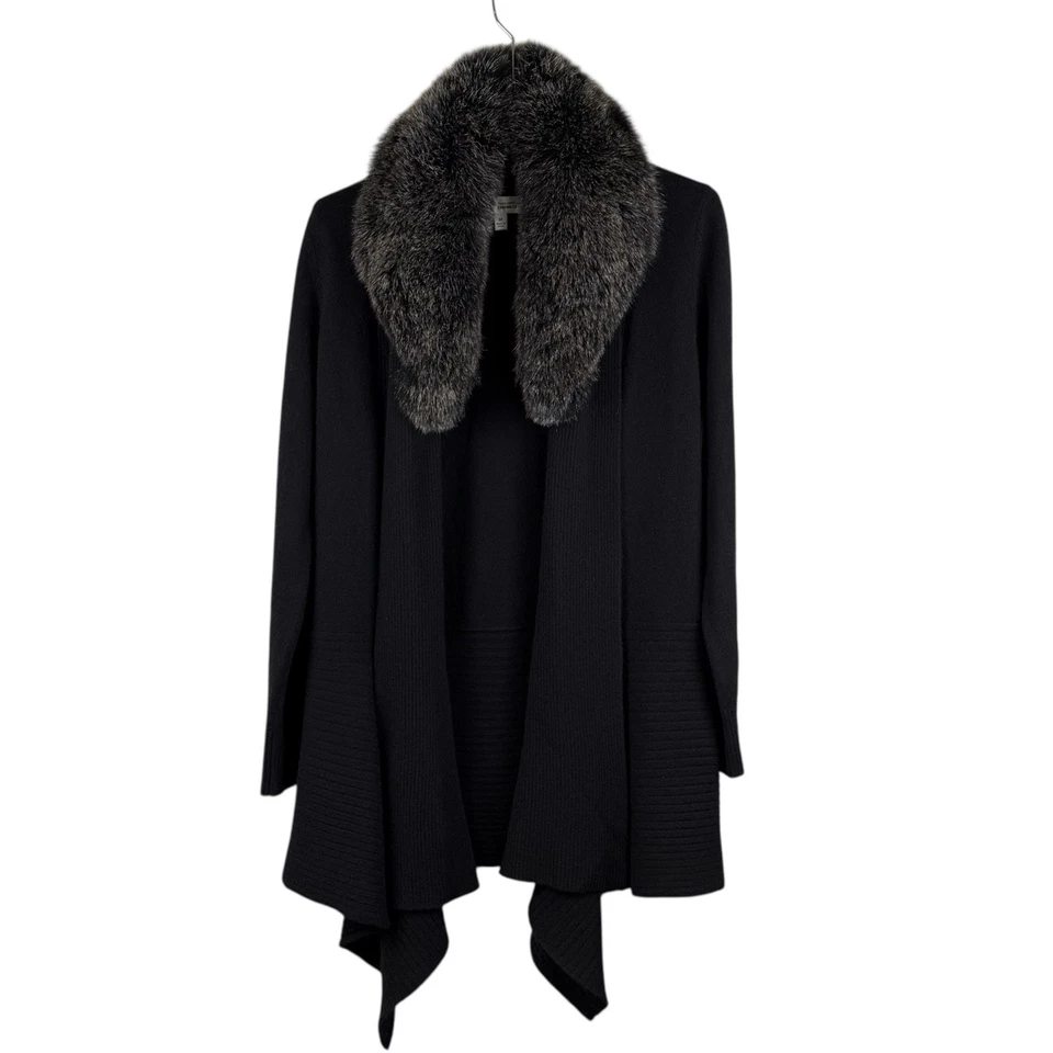 Cárdigan Neiman Marcus Cachemir Negro Plateado Piel de Zorro Cuello Desmontable Talla Med Foto 2 de 4