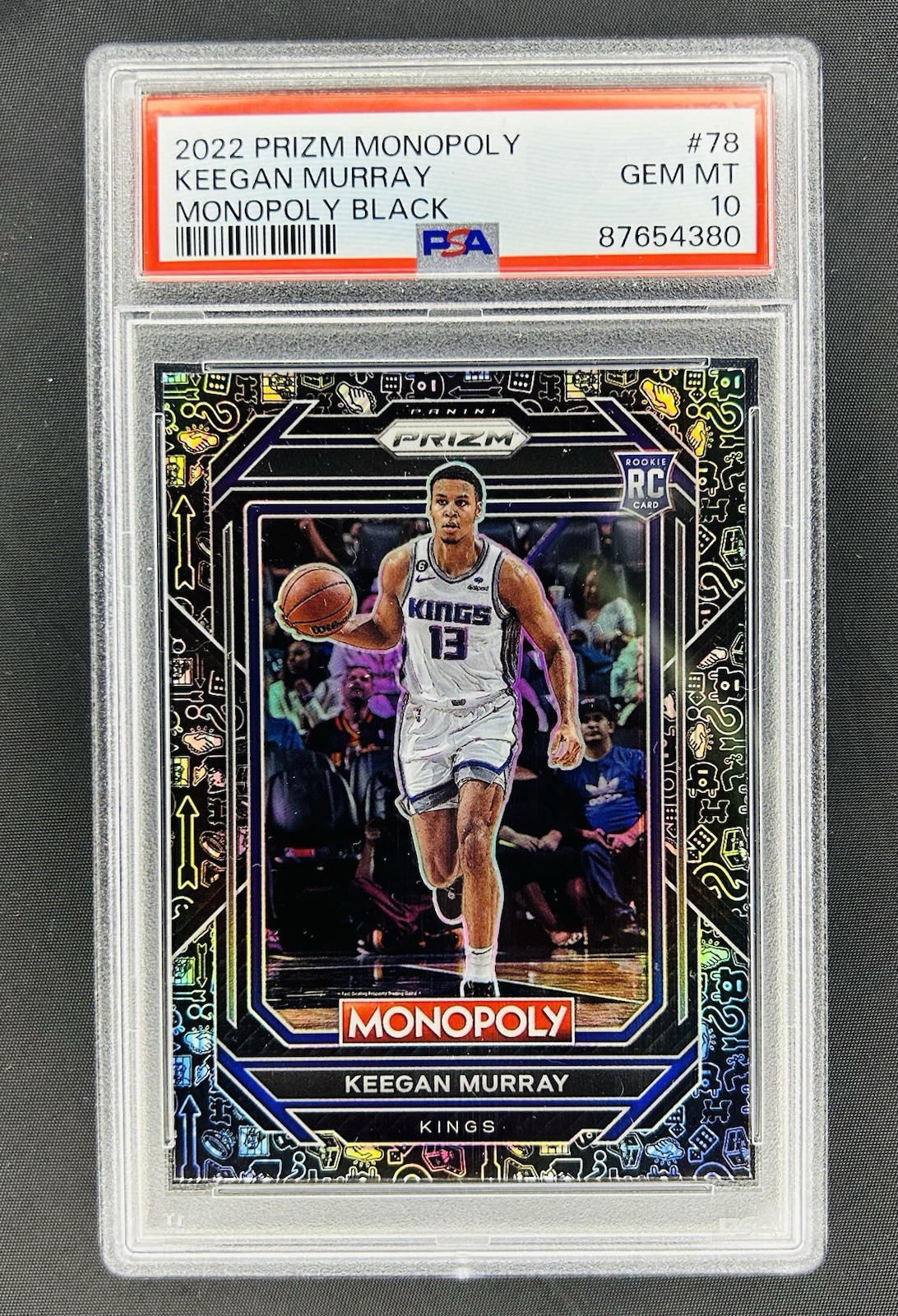 2022-23 PANINI PRIZM MONOPOLY KEEGAN MURRAY BLACK ICON HOLO PSA 10 GEM #78 KINGS