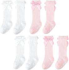 4 Pairs Baby Girls Knee High Socks Newborn Girl Bow Ruffle Long Infant Non-Slip