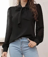 NWT Women’s Kate Kasin Bow Tie Swiss Dot Sheer Long Sleeve Blouse Top Black - XL