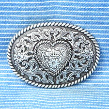 Cowgirl Love Heart  Scroll Dress Belt Buckle Western Floral Vtg 80s 90s .TYC633