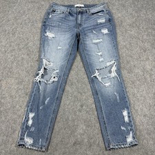 Kancan Medium Raw Hem Mid Rise Distressed Jean Women's 9/28 Actual 32x27.5 Blue