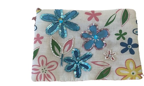 Boho Makeup Bag  Floral Sequins Cloth Zippered Pouch Cosmetic Wristlet Rare