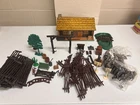 Vintage 1950s Marx Bar-M-Ranch Tin Litho Log Cabin w/Many Pieces!