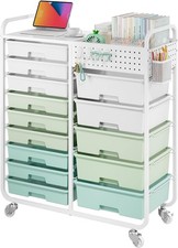 14 Drawer Rolling Storage Cart with Tabletop and Pegboard for Crafts Green