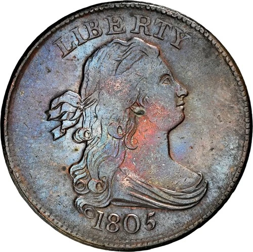 1805, Med. 5 No Stems, C-1 Draped Bust Half Cent, NGC XF Details, Great Color