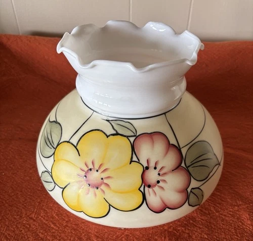 Vtg Hand Painted Milk Glass Lampshade for  Hurricane Lamp Floral 6 3/4” fitter