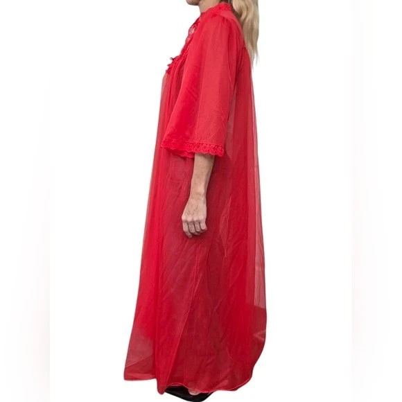 Bata de encaje transparente roja vintage plumero Peignoir | Coqueta caprichosa romántica Foto 3 de 4