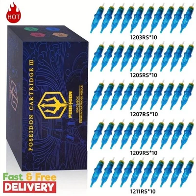 BRANDED Poseidon 50Pcs Tattoo Cartridge Needles Assorted Mixed Size round Liner Shader M