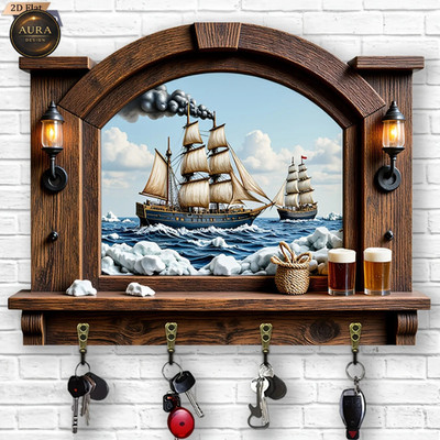 Wand Schlüsselanhänger 30cm - 2D Boot Segelboot 4 Haken Eingang