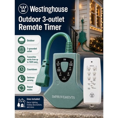 NEW Westinghouse Wireless Outdoor 3 Outlet Remote Control with Timer Function