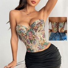 Y2K Floral Print Tube Vest Top With Back-tied Design INS Fashion Crop Corset Tan