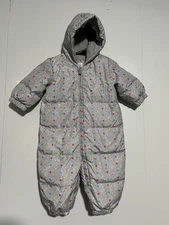 Baby Gap 6-12M Girls Down Puffer Snow Suit Hooded Gray Polka Dot Bunting