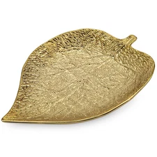 Large Leaf-Shaped Ceramic Decorative Tray, 14.7" Gold Coffee Table Tray Decor...