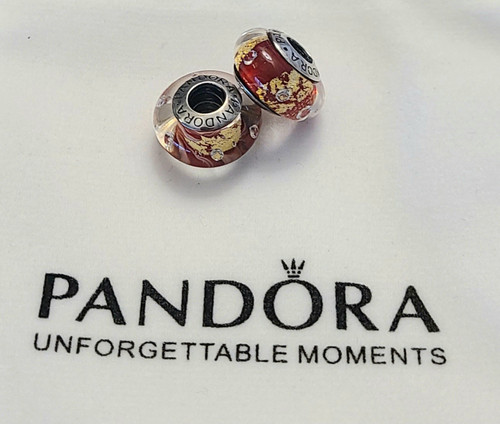 Pandora Set Of Two Murano Glass Charms Red, Gold With CZ Insets.