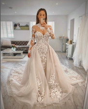 Mermaid Wedding Dresses High Neck Long Sleeve With Detachable Skirts Bridal Gown