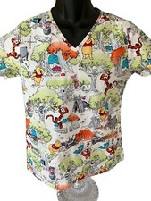 Disney Scrub Top Women's XS Winnie The Pooh and Friends Forest V-Neck Pockets