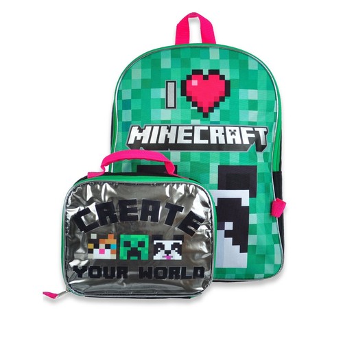 I Love Minecraft Creeper School Backpack Bookbag Lunch Bag Box Set Kids Girls Ebay