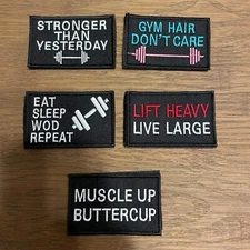 Fitness Inspired Workout Themed Hook and Loop Patch Vests Bags ETC.