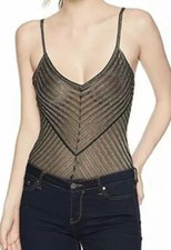 BCBGMAXAZRIA Gold Combo Metallic V-Neck Striped Bodysuit Women's Size S L71043